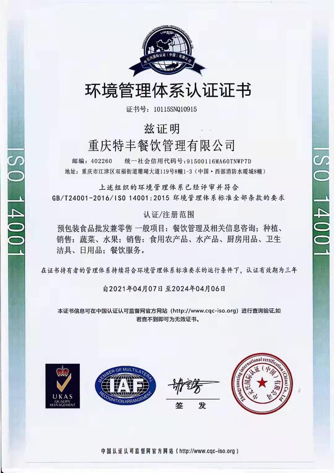 环境治理系统认证证书